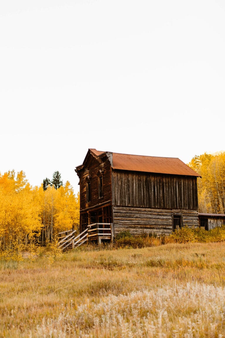 abandoned wooden hotel with yellow aspen trees surrounding it in Ashcroft Ghost Town Colorado