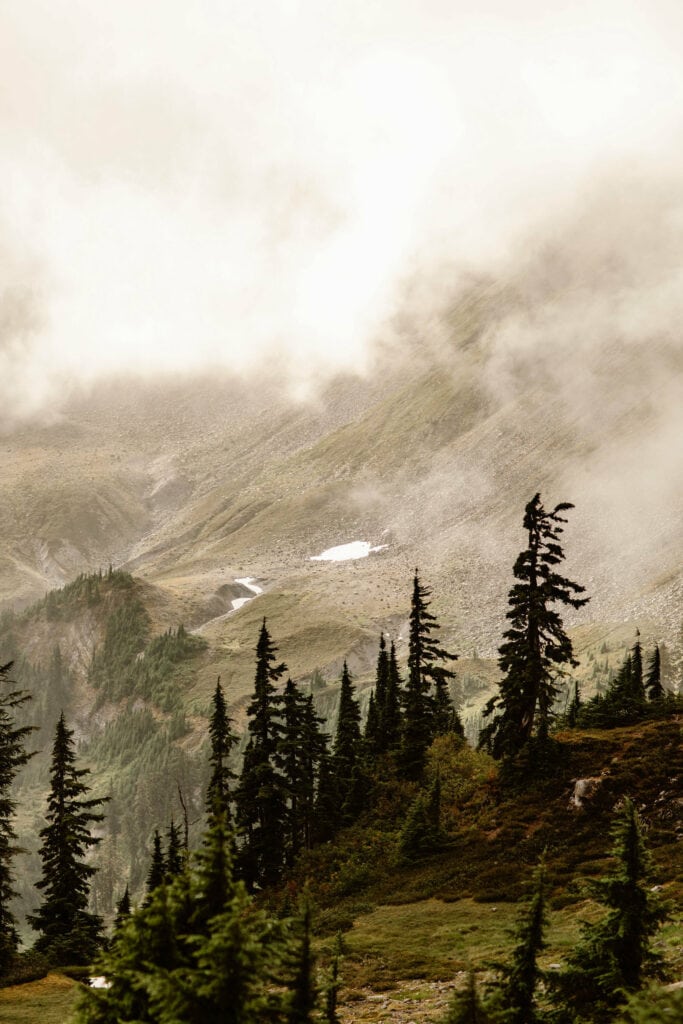 wispy cloud inversion in the mountains of northern Washington on the Ptarmigan Ridge hiking trail