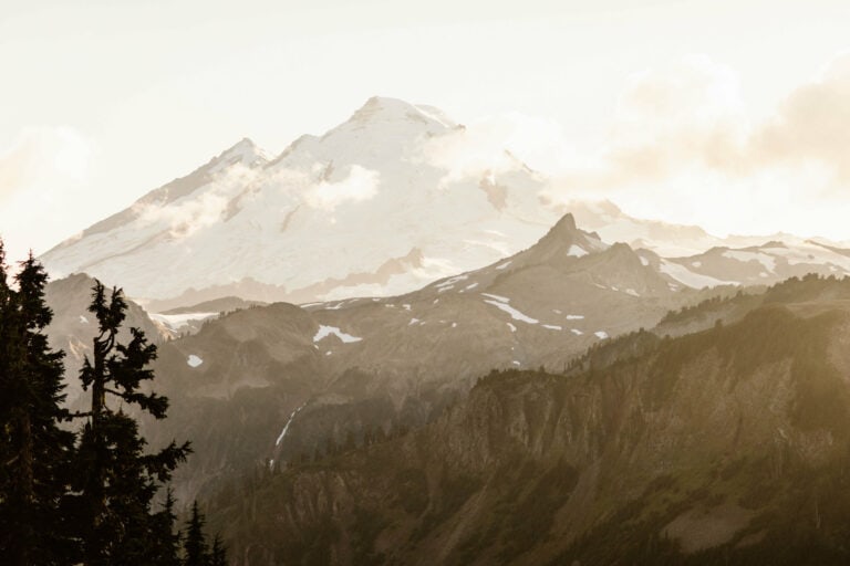 view of Mt Baker from Artist Point on a warm and hazy afternoon in Washington