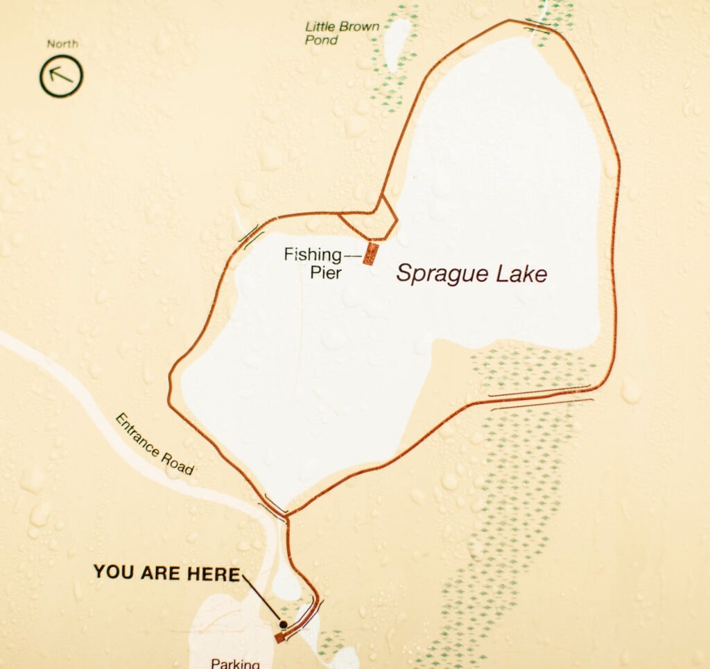 map of the parking area and hiking trail at Sprague Lake
