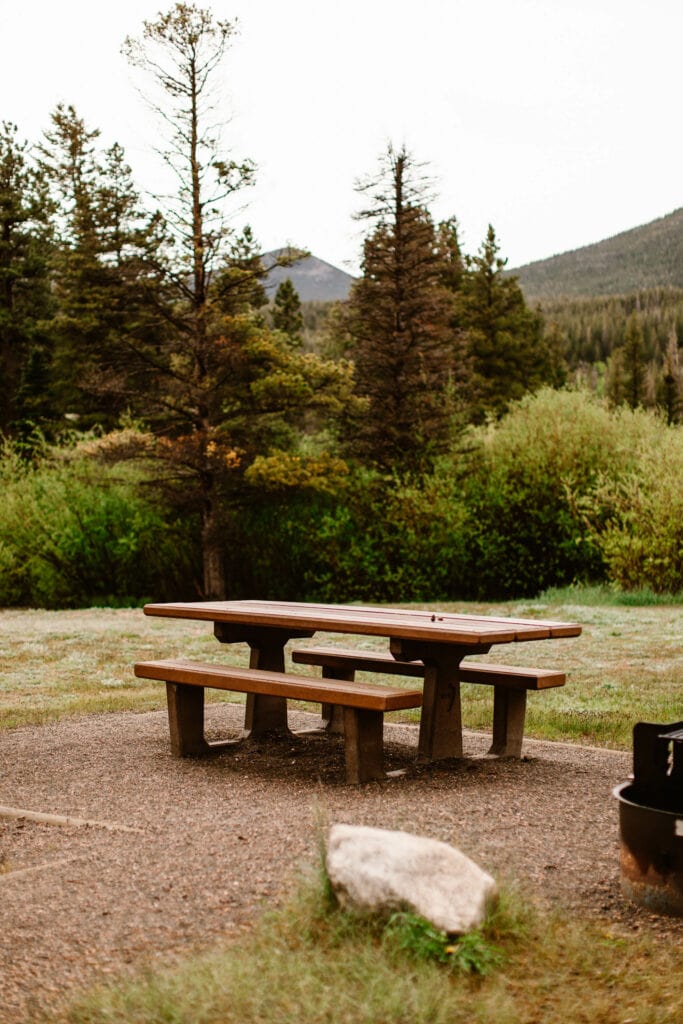 picnic table with a grill in the mountains near Sprague Lake Trail in CO