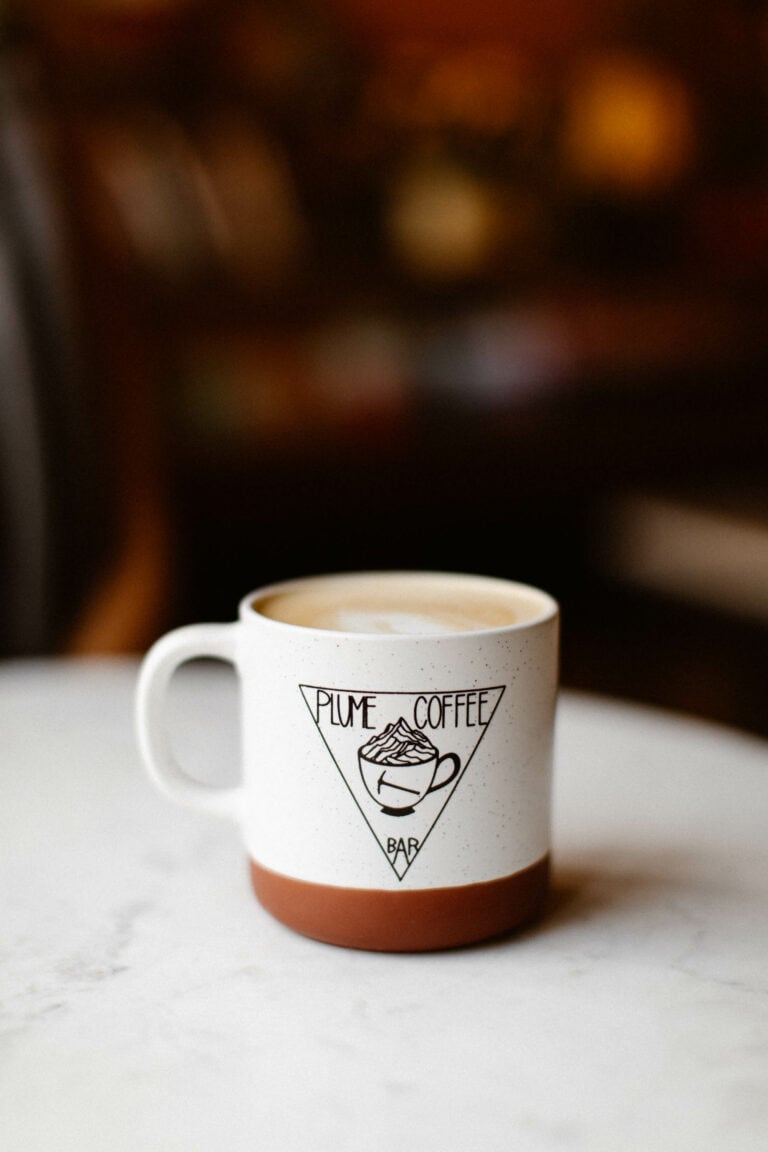 latte in a branded Plume Coffee Bar mug in Silver Plume Colorado