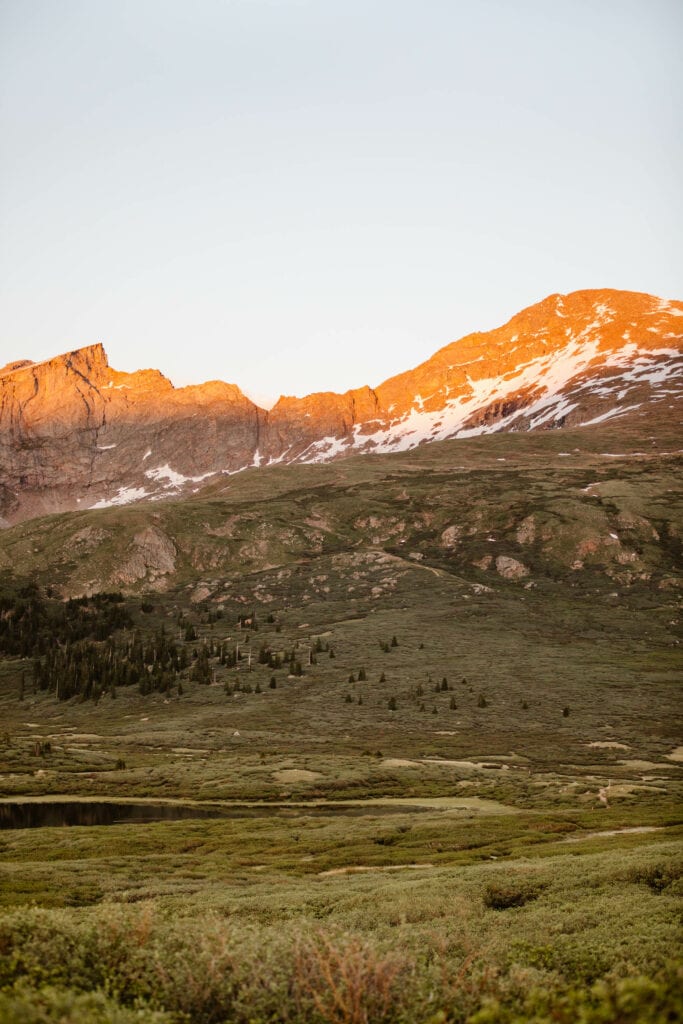 alpenglow on Mount Blue Sky (formerly Mt Evans) and Mount Bierstadt from the Mt Bierstadt trailhead on Guanella Pass Road